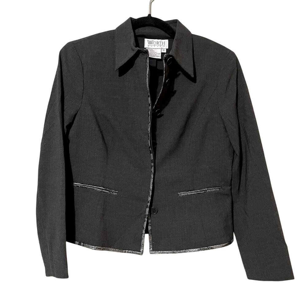 Worth Black Structured Wool Button Up Blazer Jacket With Leather Trim Accents 8